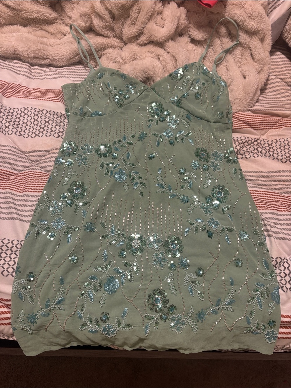 Sequin Embellished Sage Green Mini Dress